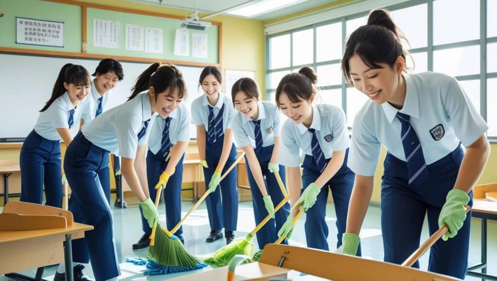 Japanese students are in uniform and cleaning their classroom