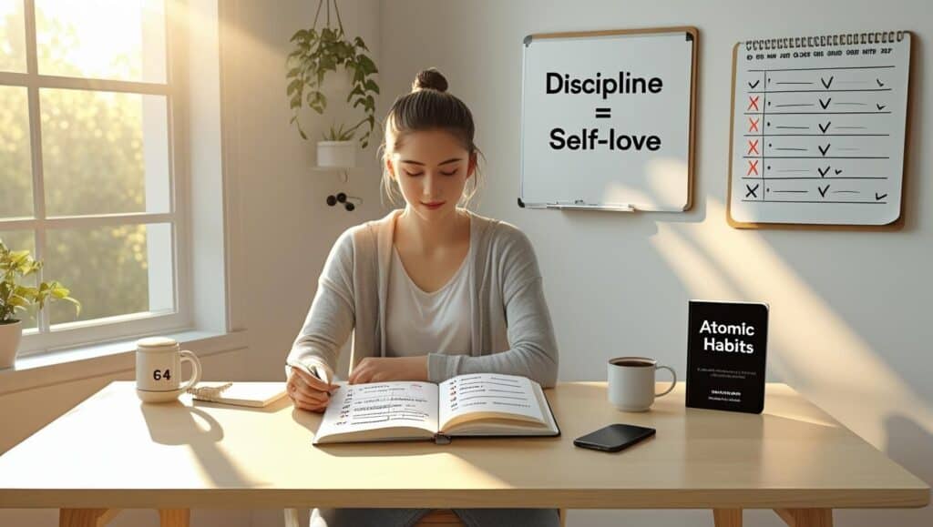"Focused young adult following a disciplined morning routine with a planner and motivational quotes on the wall"