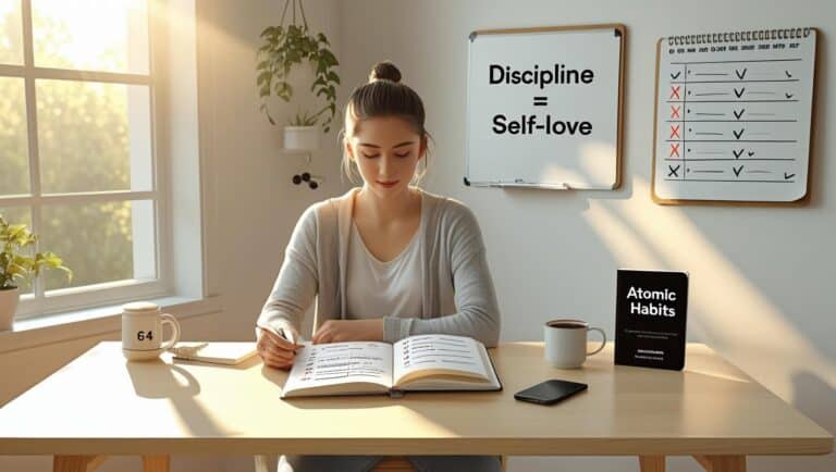 "Focused young adult following a disciplined morning routine with a planner and motivational quotes on the wall"