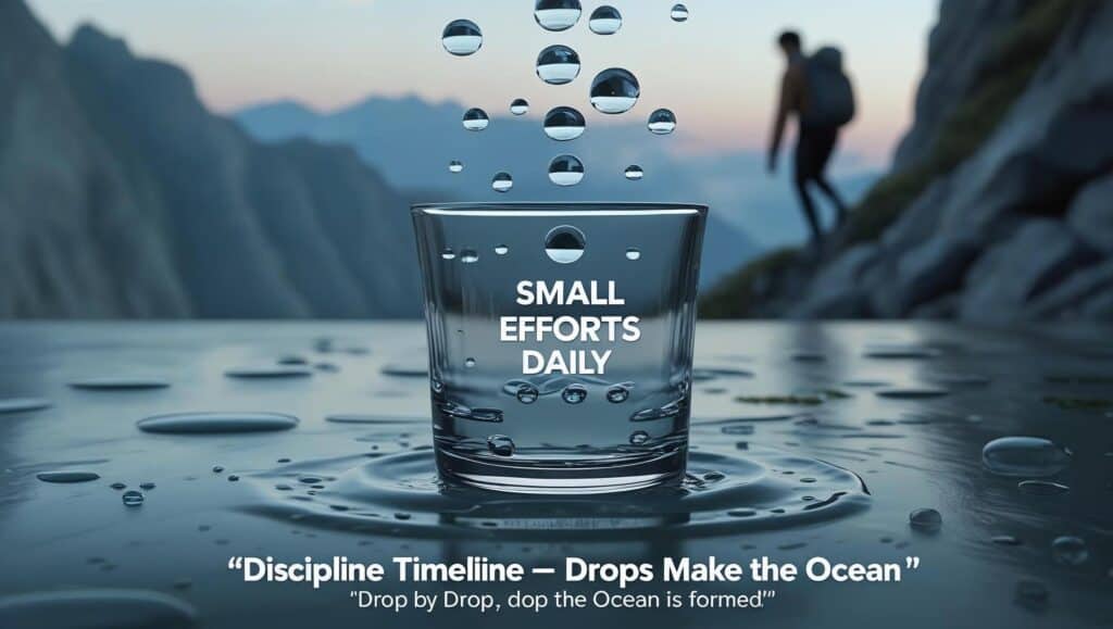 "water droplets filling a container with a person climbing in the background ,symboling small daily efforts "