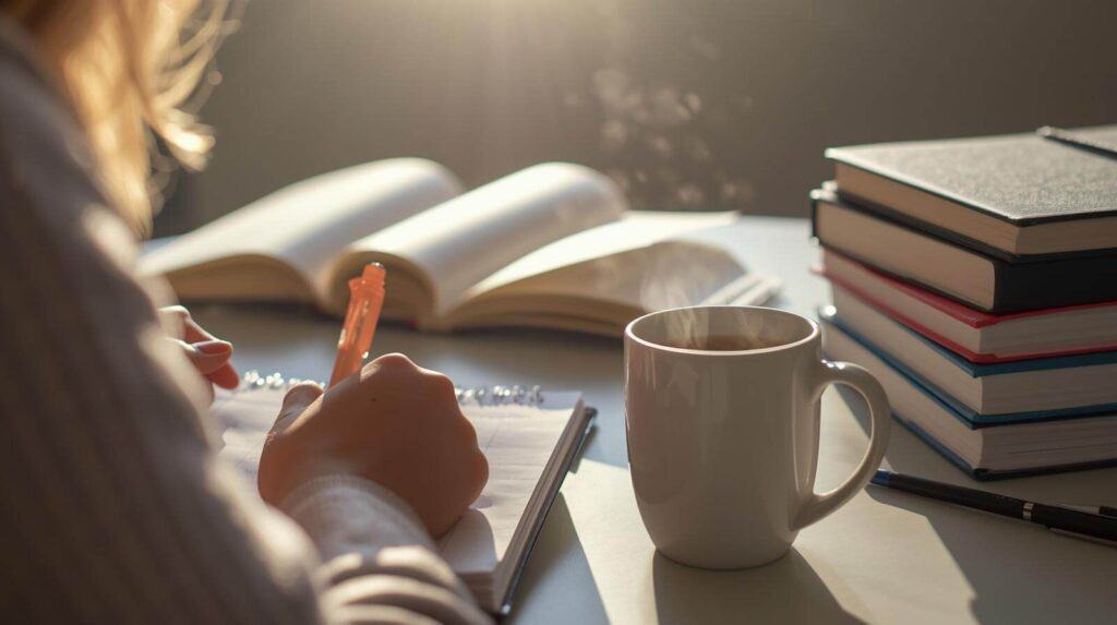 Student planning study goals as part of daily morning routine for student .