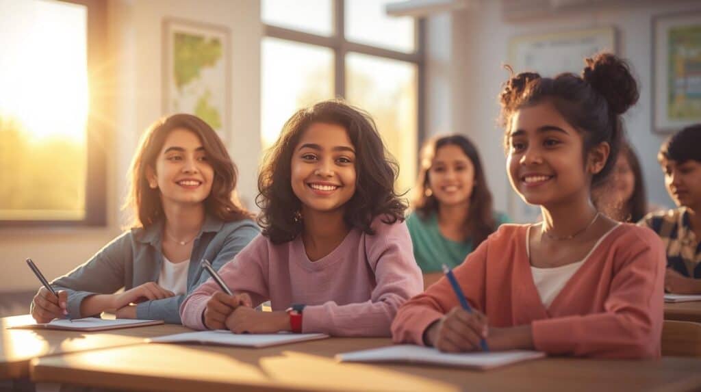 Group of diverse students smiling in a bright morning classroom with sunshine through windows,showing healthy students morning wake-up habits and positive learning energy.